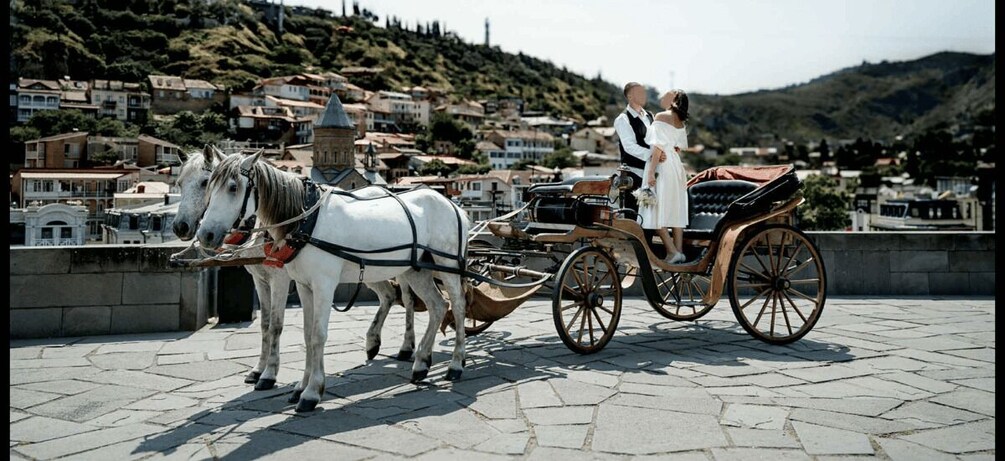 A horse-drawn carriage on a paved area with a backdrop of houses and hills. 2