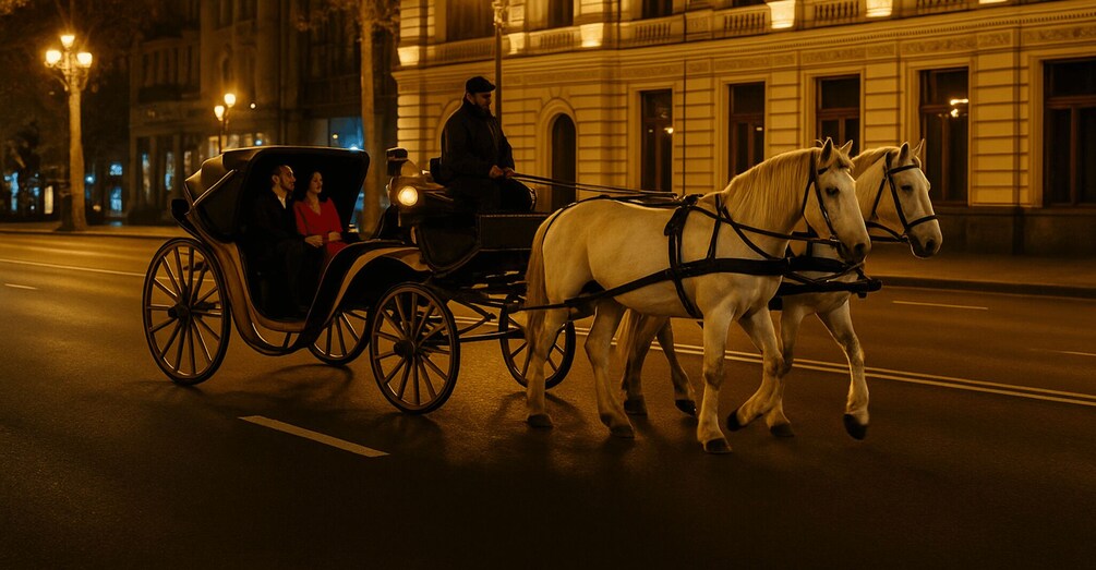 A horse-drawn carriage on a city street at night. 1