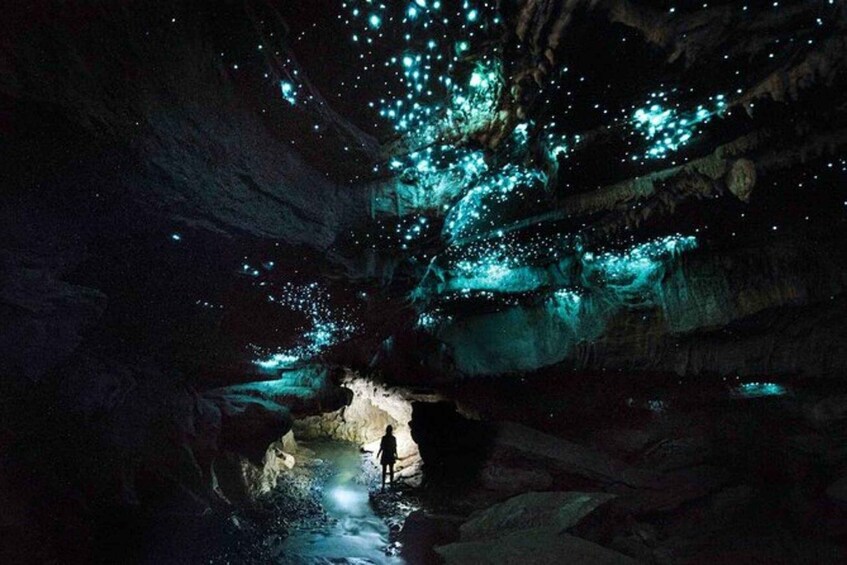 A cave illuminated by bioluminescent organisms, a person standing in a cave passage, and a water stream. 3