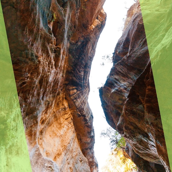 A canyon with layered rock formations and sparse vegetation. 3
