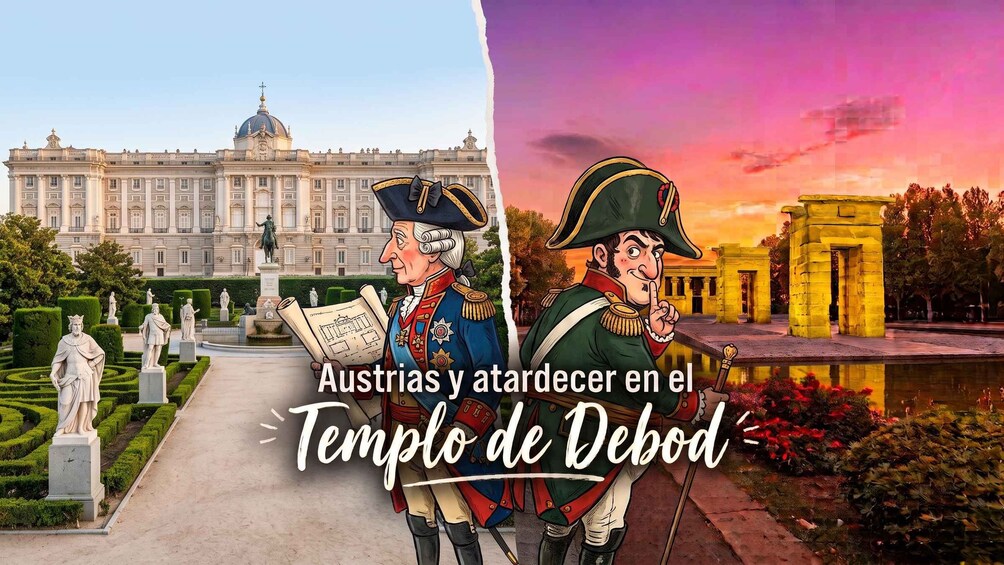 Een statig gebouw met beelden, een persoon in militair uniform met een boek, en een andere in militair uniform met een zwaard. 1