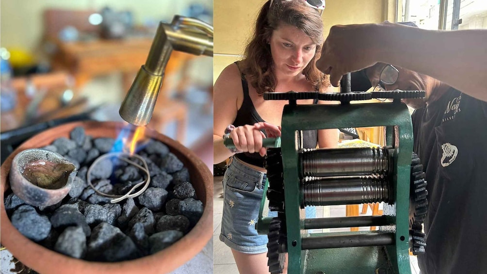A person using a metal tool to heat charcoal in a bowl. 5