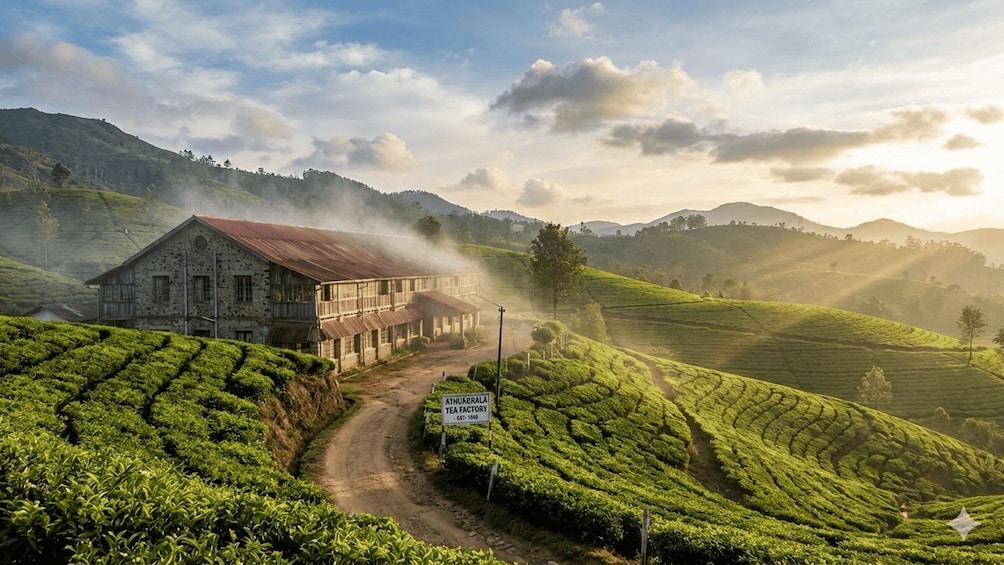 A tea factory surrounded by lush tea plantations on a hillside. 2