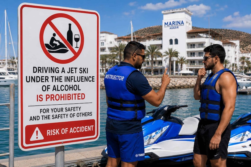 Two instructors discussing with a jet ski rider near a marina, with a prohibition sign for alcohol influence. 5