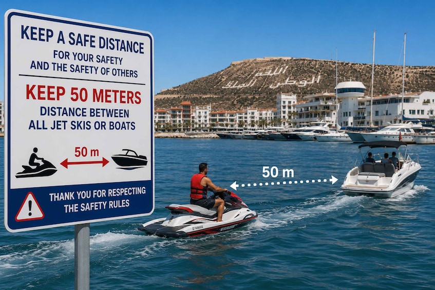 A sign instructing to keep a 50-meter distance between jet skis and boats, with a man on a jet ski and a boat in the background. 2