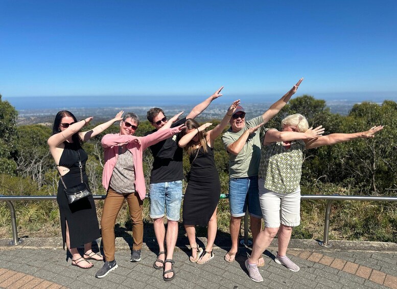 A group of people standing on a ledge with their arms raised, overlooking a scenic landscape. 3