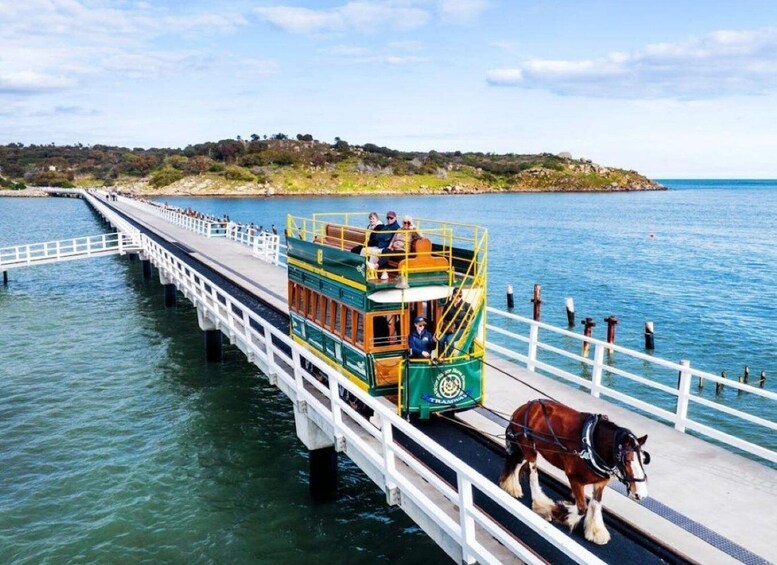 A horse-drawn tram on a pier with passengers, a coastal landscape, and a clear sky. 1