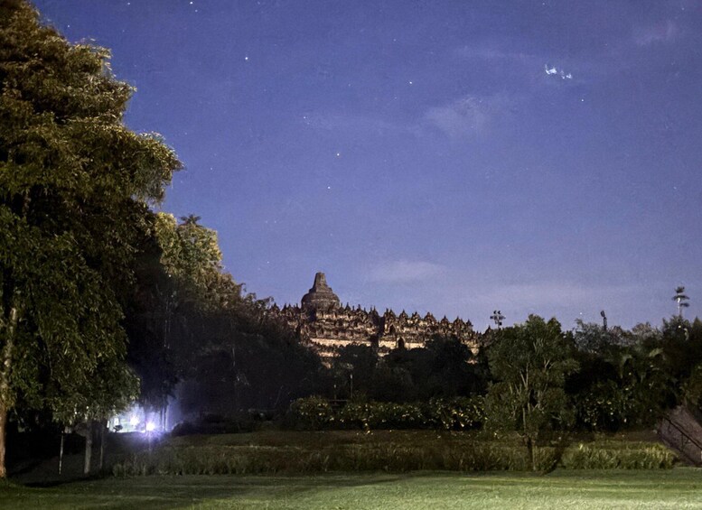 A night view of a temple complex with a large central structure, surrounded by trees and a grassy area. 3