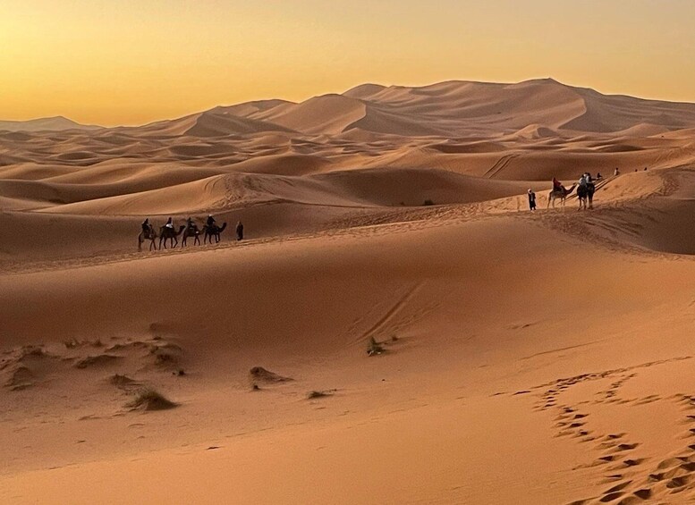 Een groep mensen die op kamelen door een woestijn rijdt, met zandduinen. 1
