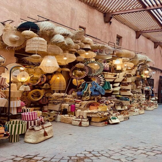 A market stall with various woven baskets and hats. 3