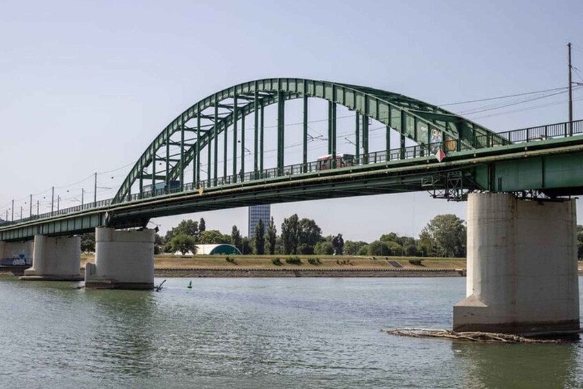 A green bridge over a river with concrete pillars and a pedestrian walkway. 2