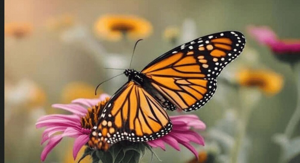 Un papillon monarque posé sur une fleur rose. 1