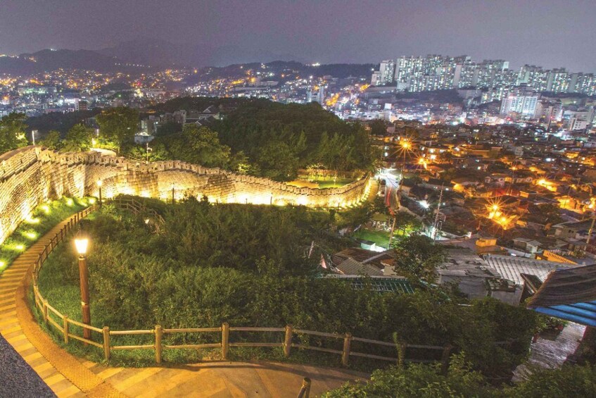 A historic stone wall with a wooden fence, surrounded by greenery, overlooking a cityscape at night. 5