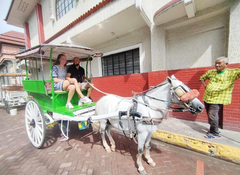 A horse-drawn carriage with passengers and a horse. 1