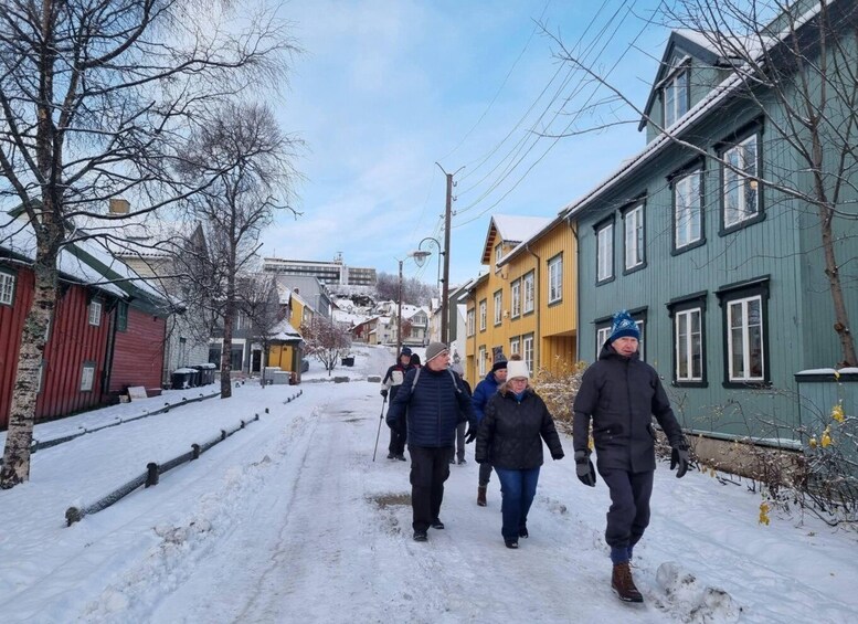 A snow-covered street with people walking, colorful houses, and leafless trees. 5