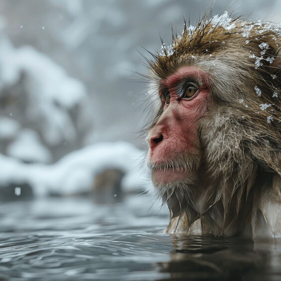 A monkey in a snowy environment with water. 5
