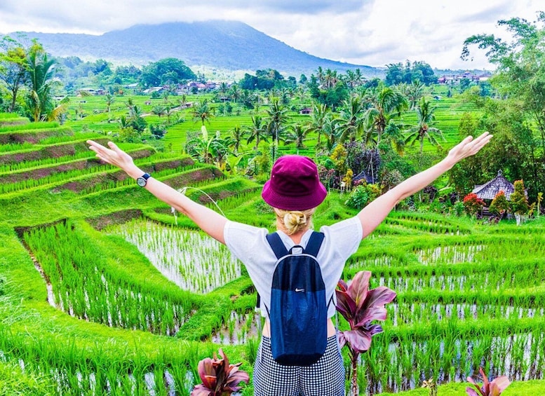 A person with arms outstretched in a rice paddy field with a mountain in the background. 2
