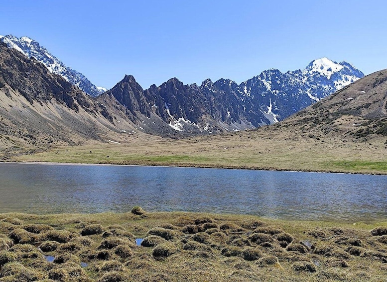 A mountainous landscape with a lake and patches of grass. 1