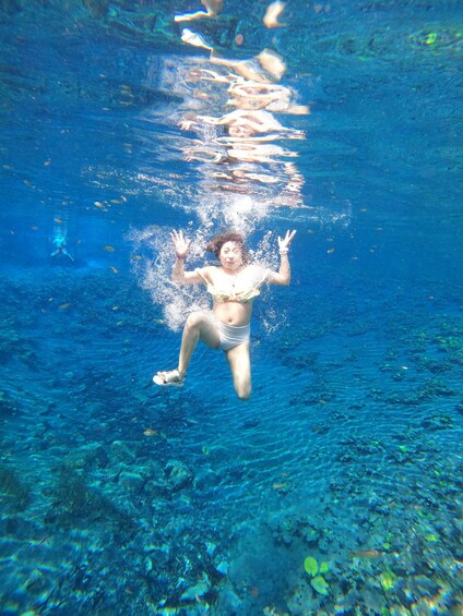 A person underwater with bubbles and fish in a clear blue water body. 3