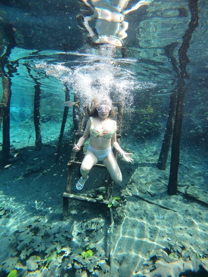 A person underwater in a natural setting with rocks and aquatic plants. 5