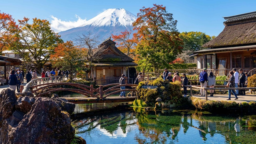 A traditional Japanese garden with a bridge, a pond, and a mountain in the background. 5