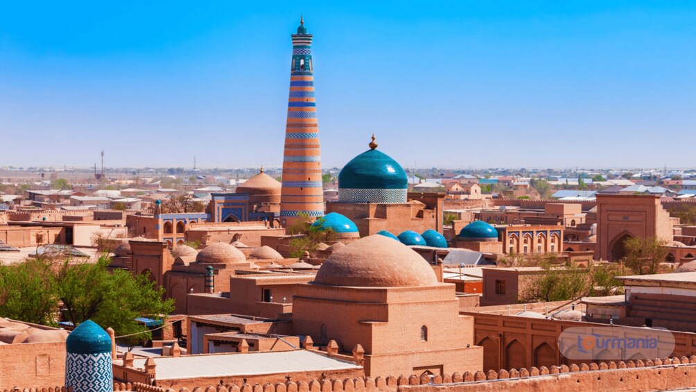 A historic cityscape with prominent minarets and domed structures. 3