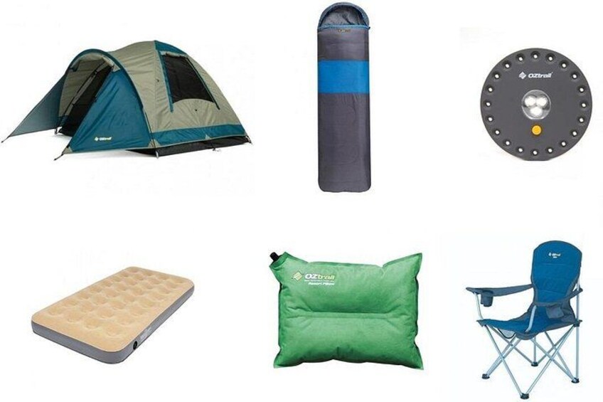 A tent, sleeping bag, portable stove, mattress, pillow, and camping chair. 3