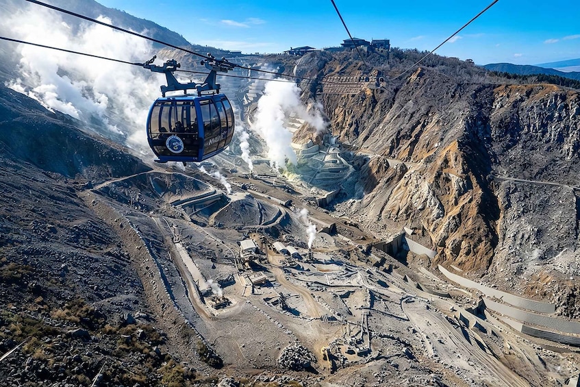 Un teleférico sobre una zona minera con humo visible y terreno accidentado. 5