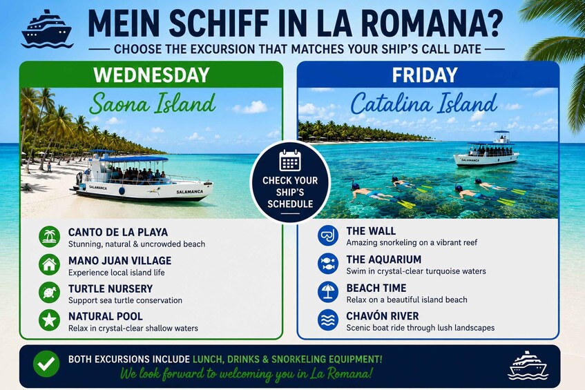 Two excursion options for La Romana: Saona Island on Wednesday and Catalina Island on Friday, each with unique activities and natural features. 2