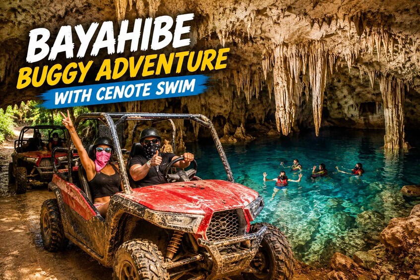 A cave with stalactites, a red ATV, and people swimming in clear water. 1