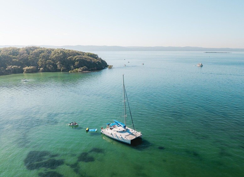A sailboat anchored near a forested island in a calm sea. 5