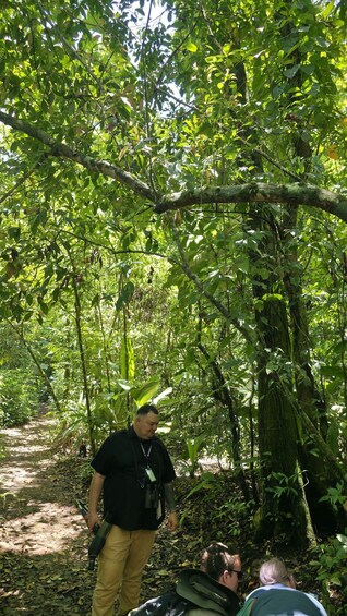 A forested area with a person holding binoculars and another person lying on the ground. 2