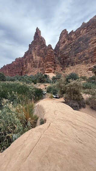 A desert landscape with rocky cliffs and sparse vegetation. 3