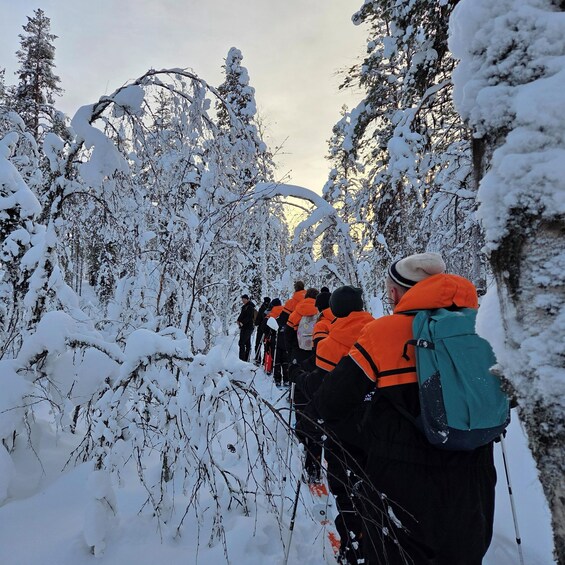 A group of people hiking through a snowy forest. 2