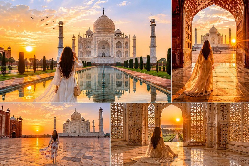 The Taj Mahal at sunset with reflections in the water, a woman in a white dress, and intricate architectural details. 2