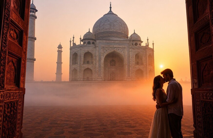 A couple kissing in front of the Taj Mahal at sunset. 3