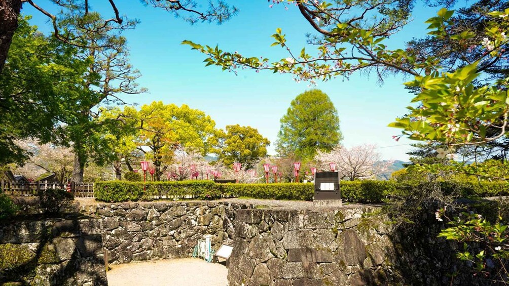 A stone bridge, cherry blossoms, and a traditional Japanese lantern. 2
