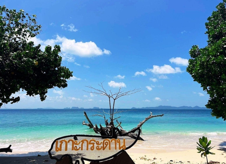 A beach with clear turquoise water, a hammock, and a tree in the foreground. 1