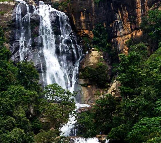 A waterfall cascading down a rocky cliff surrounded by dense green foliage. 2