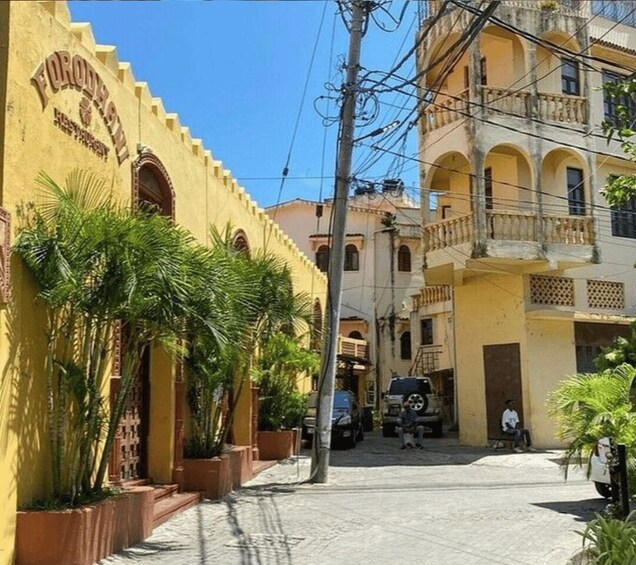 A street with yellow buildings, palm trees, and a parked car. 5