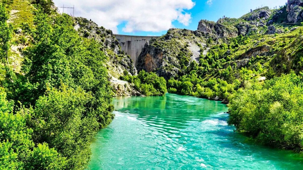 A river flowing through a canyon with lush greenery and a dam in the background. 1