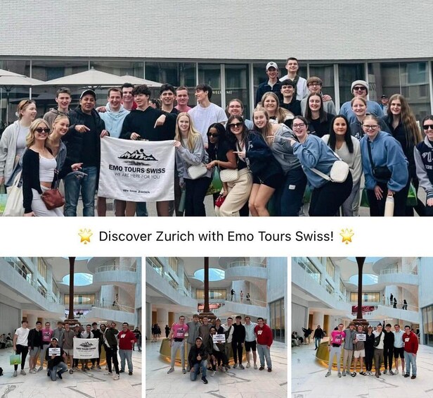 A group of people holding a banner with 'EMO TOURS SWISS' text, standing in front of a building with a glass facade. 2