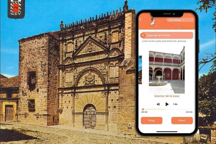 A smartphone displaying a tour app with a photo of a historic building. 3