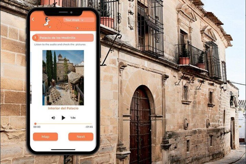 A smartphone displaying a tour guide app with a photo of a historic building. 5