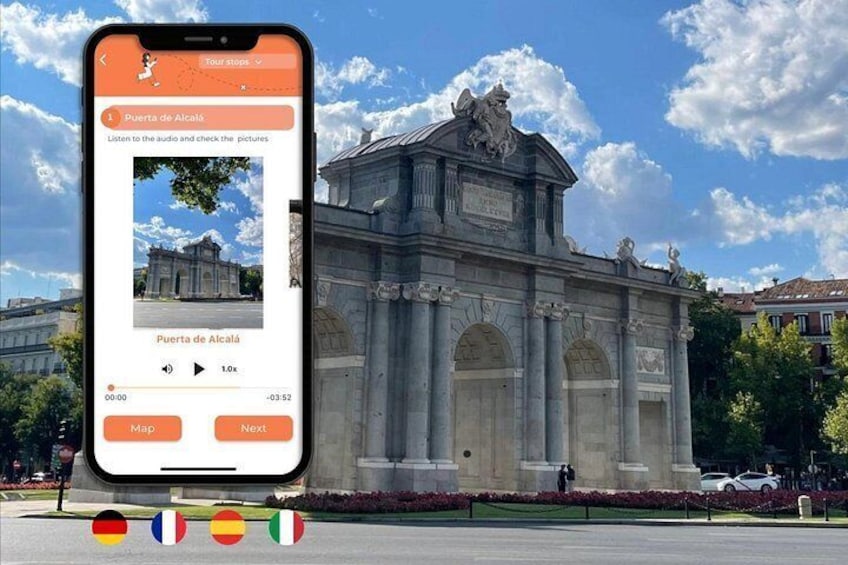 A smartphone displaying a tour stop for Puerta de Alcalá with a view of the monument. 1