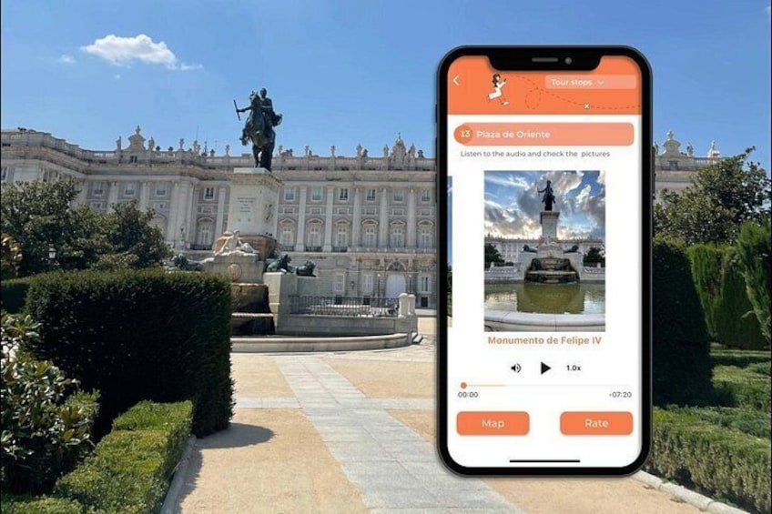 A smartphone displaying a tour app with a view of Plaza de Oriente and Monumento de Felipe IV. 2