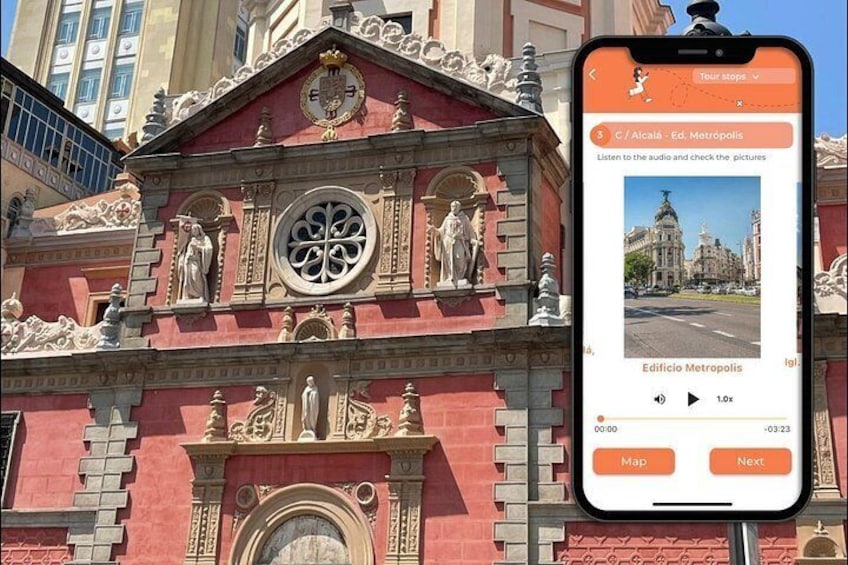 A smartphone displaying a tour guide app with a photo of a historic building. 5