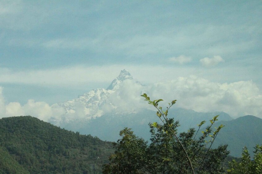A snow-capped mountain peak with clouds in the foreground and a forested hill in the background. 4