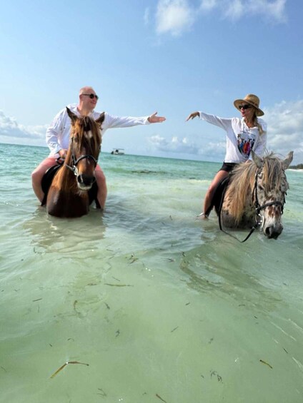 Two people riding horses in shallow water with a clear sky. 3