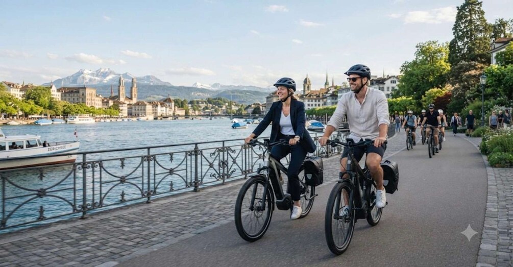 Two people riding bicycles on a paved path by a river with boats and buildings in the background. 4